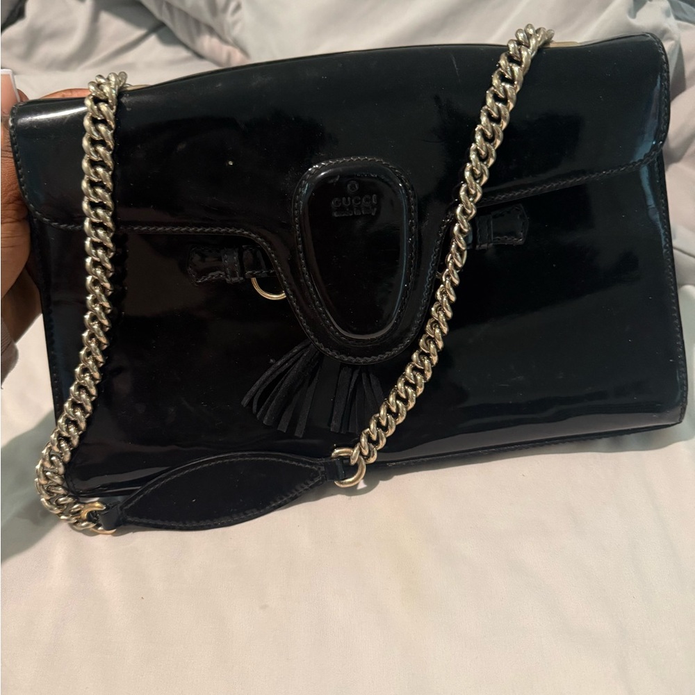 Gucci Black Patent Leather Clutch with Silver Chain